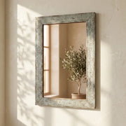 Vintage Tin Framed Wall Mirror with Distressed Silver Finish and Decorative Rivet Detailing