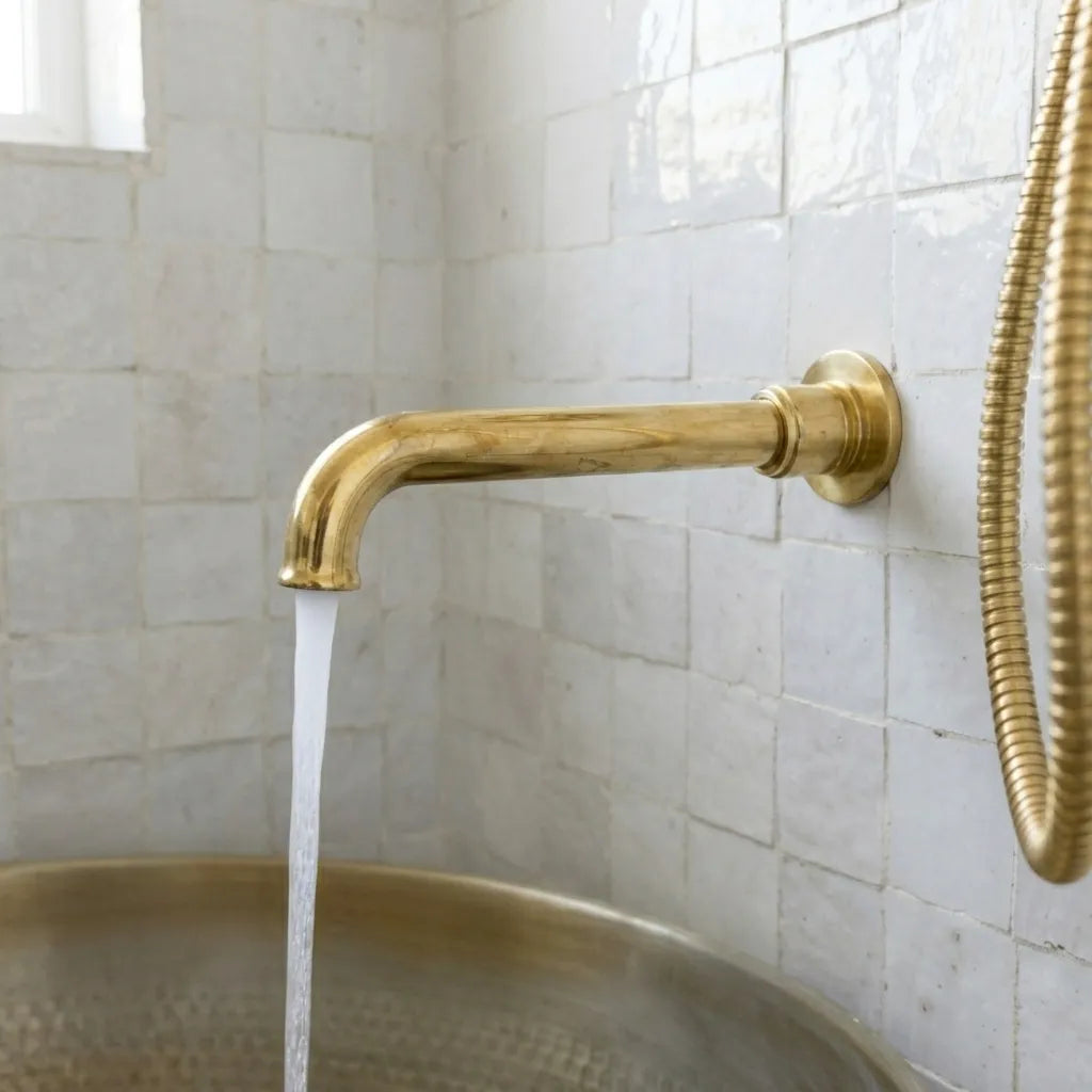 A polished brass wall-mounted faucet spout with running water, shown installed in a tiled bathroom next to a matching brass handheld shower hose.