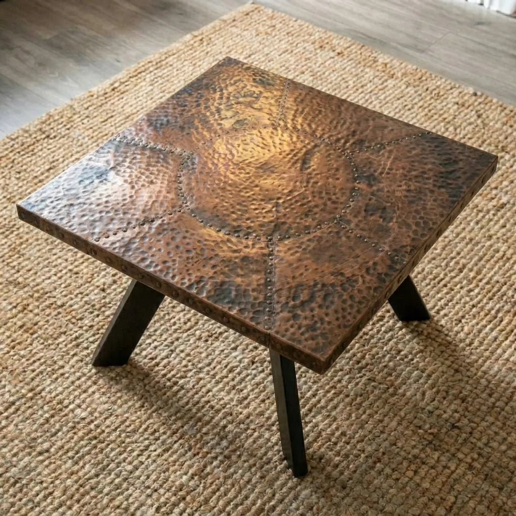 Handmade Square Copper Accent Table Featuring Textured Hammered Surface