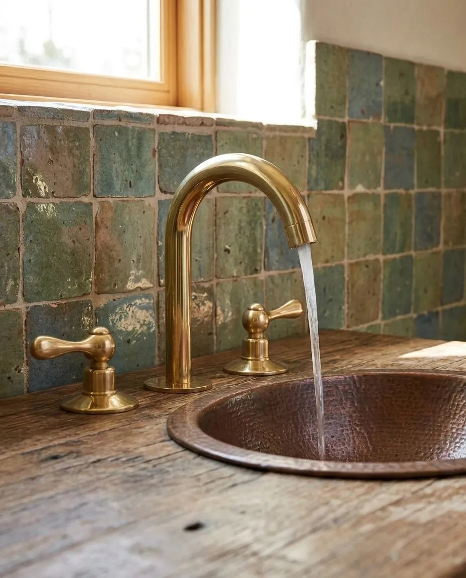 A rustic bathroom sink setup with a polished brass faucet, two matching handles, and a hammered copper sink set into a weathered wood countertop, with a green tiled backsplash behind it.