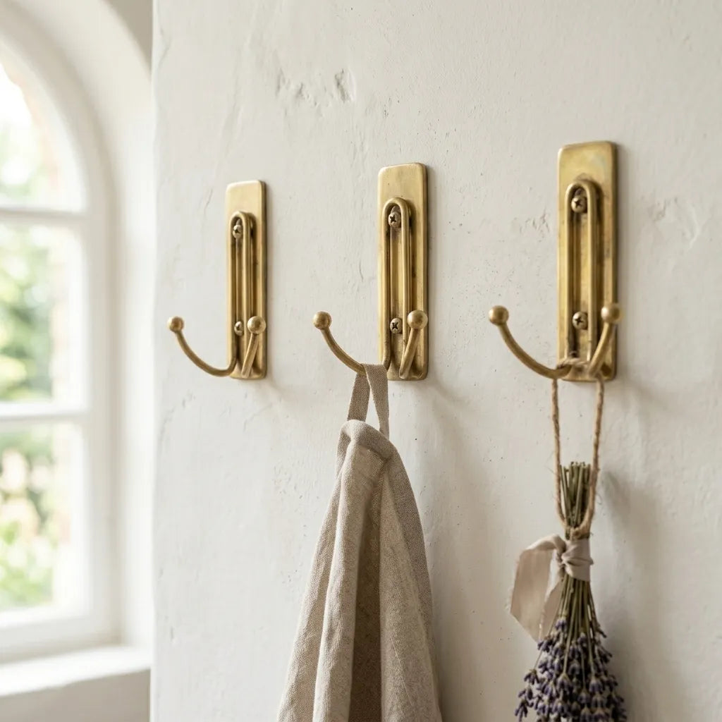 Handcrafted brass double utility hook featuring a rectangular backplate and dual curved hooks for wall storage.