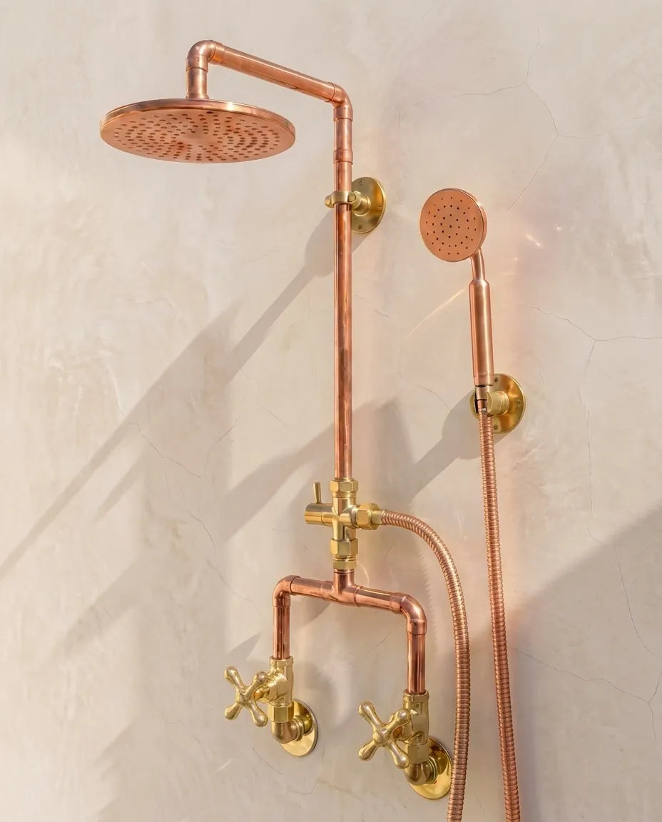 Exposed Copper Shower System with Rainfall Head & Hand Shower