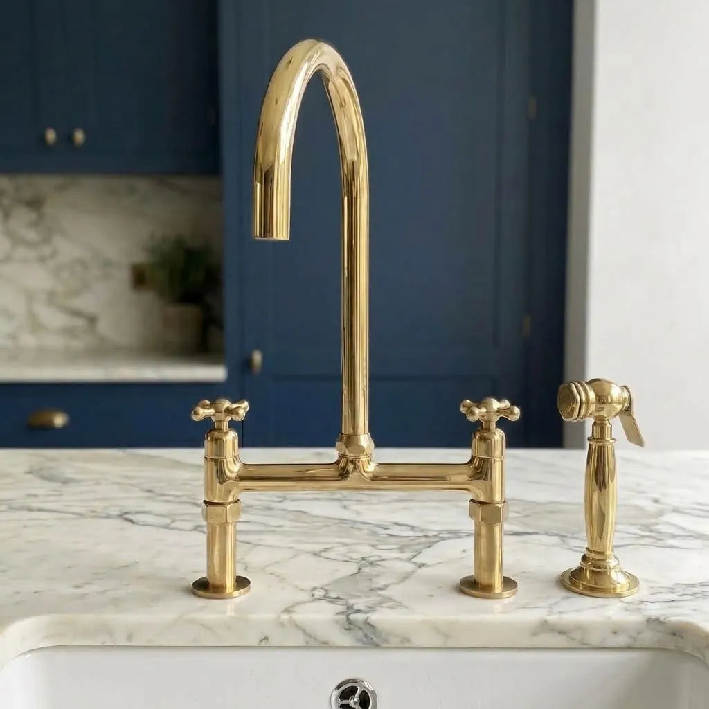 Brass Swan Neck Kitchen Faucet with Twin Cross Handles