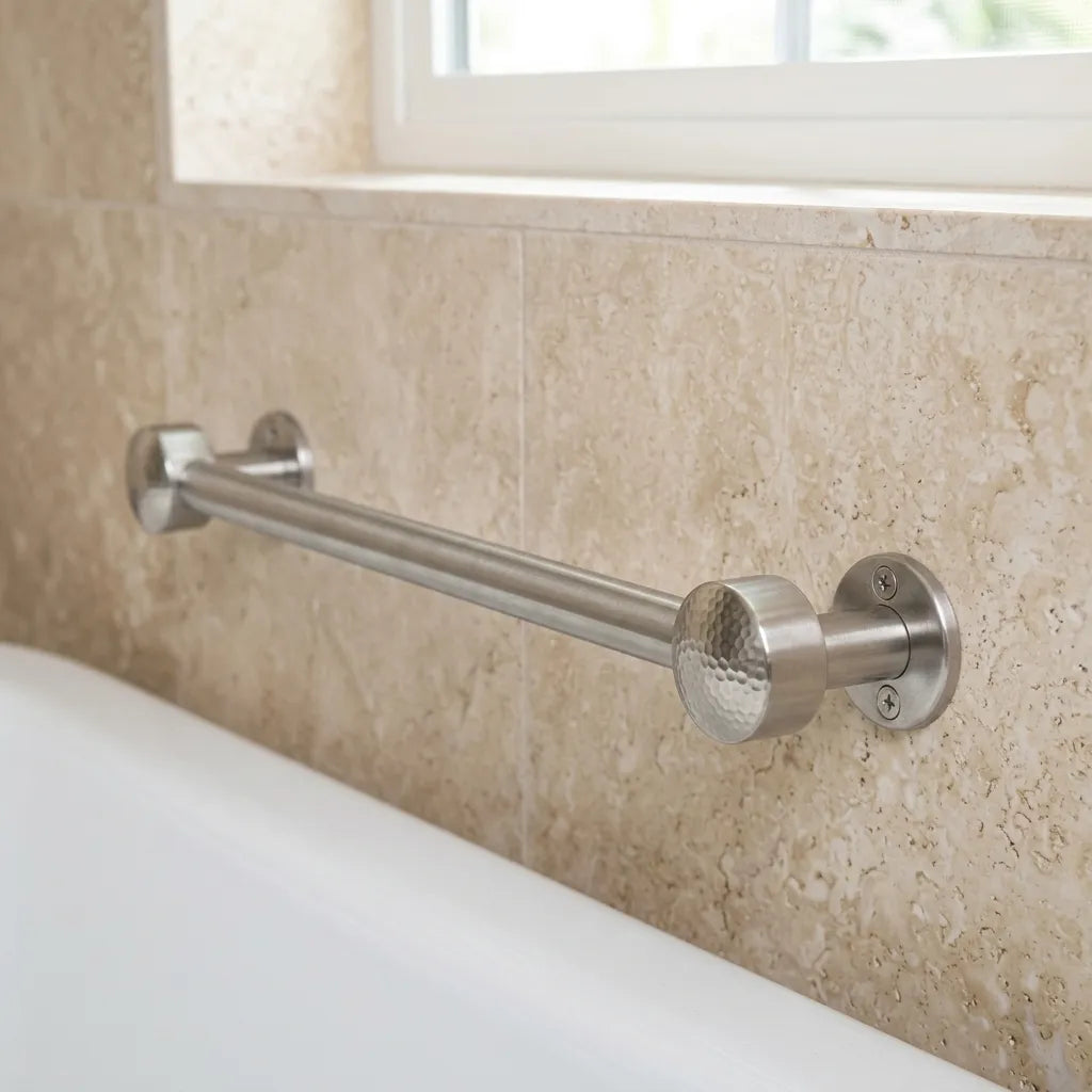 Towel bar with chrome finish and hammered end caps