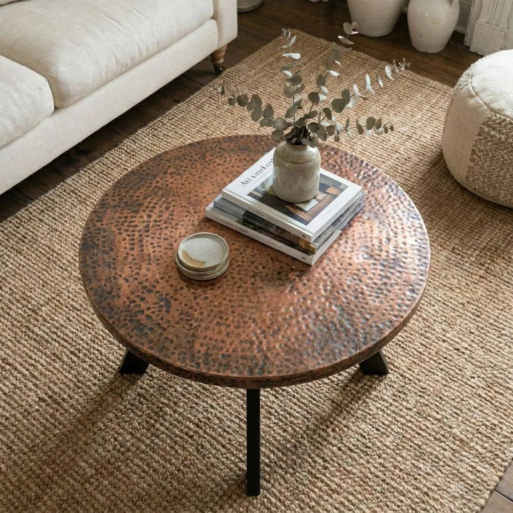 Moroccan Inspired Copper Side Table with Hand Hammered Design and Industrial Base