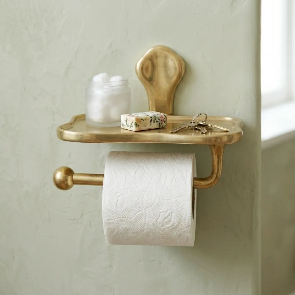 Wall mounted brass bathroom organizer combining a tissue holder and decorative storage tray in one compact design