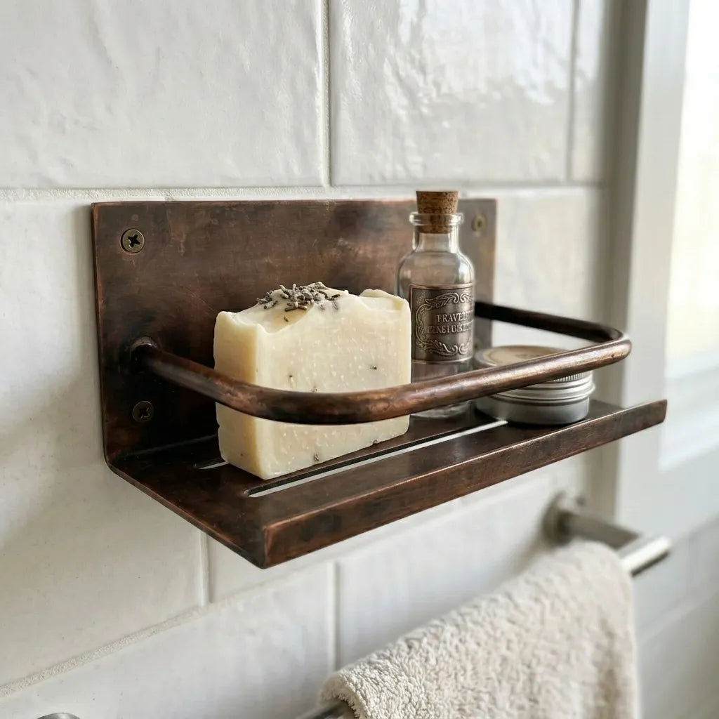 Handmade Copper Toilet Paper Holder with Storage Shelf for Bathroom Wall