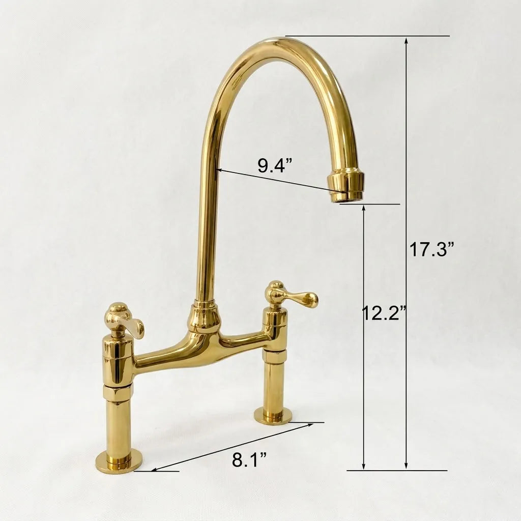 Brass bridge faucet with two handles and overlaid dimension lines showing measurements of 9.4 inches, 17.