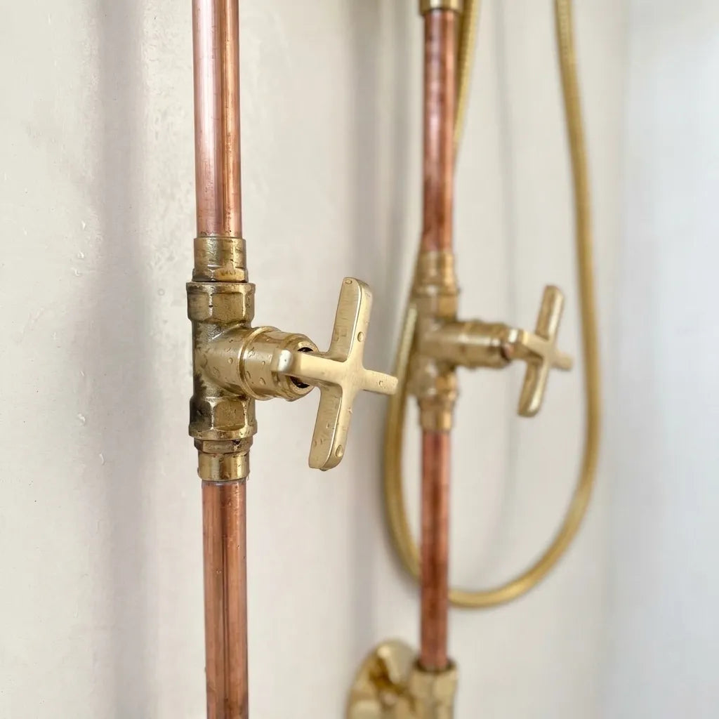 Copper shower fixture with brass mixer and hand shower