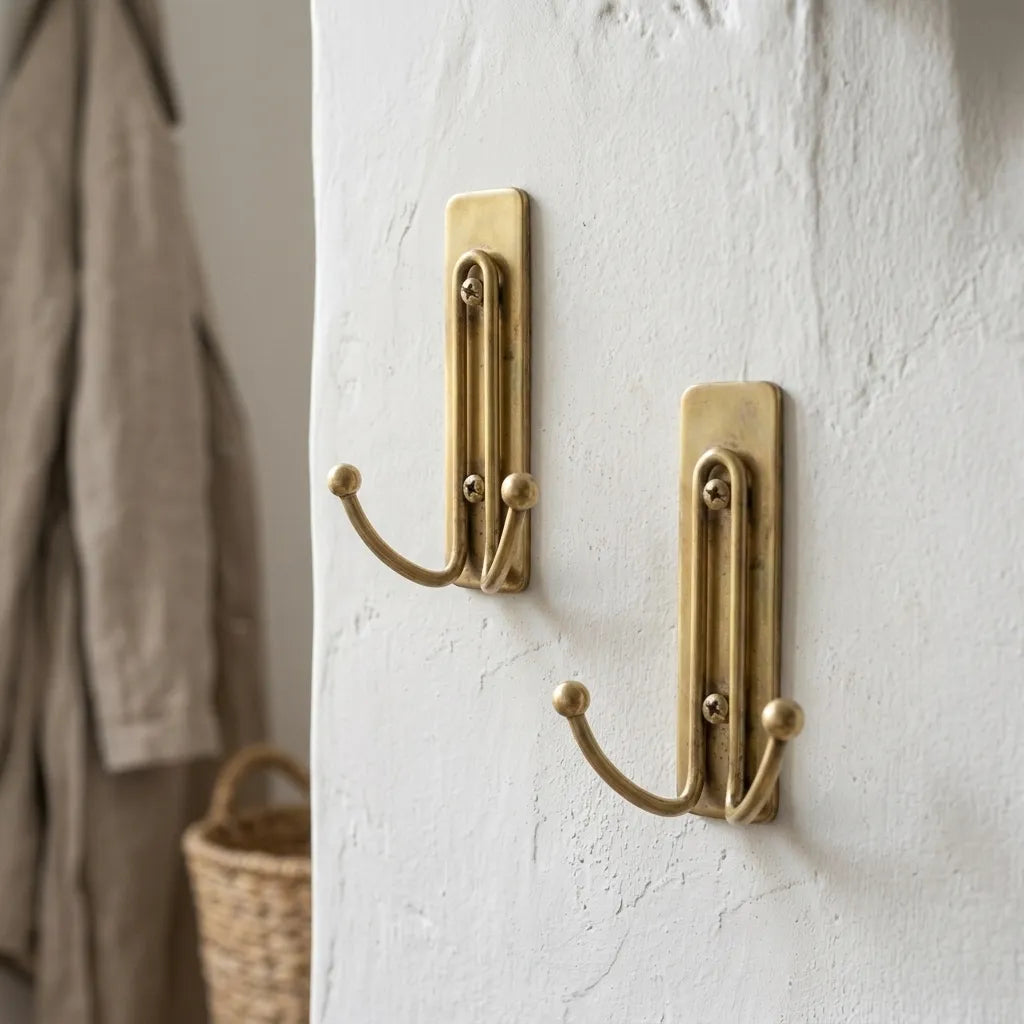 Luxury solid brass double coat hook mounted on a wall with rounded hook ends and timeless minimalist styling.
