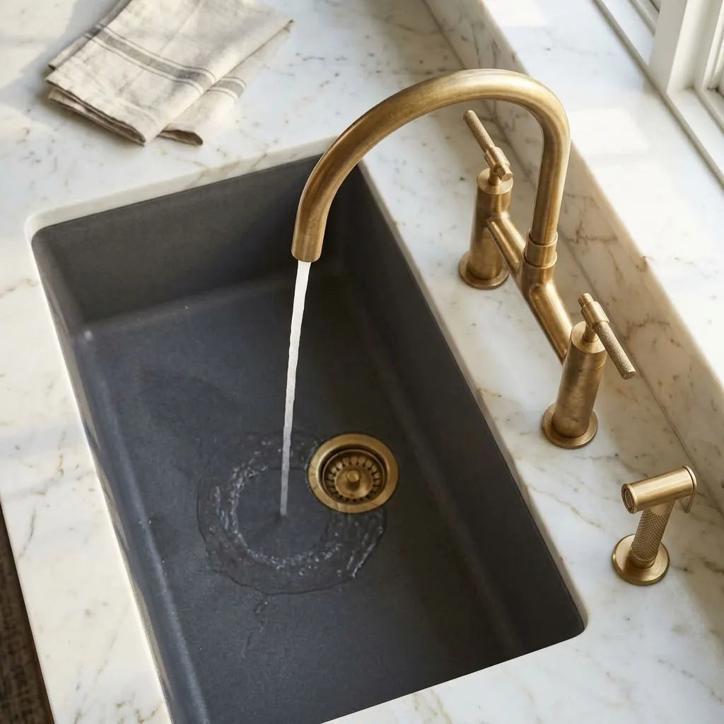 Unlacquered Brass Bridge Kitchen Faucet with High Arc & Side Sprayer