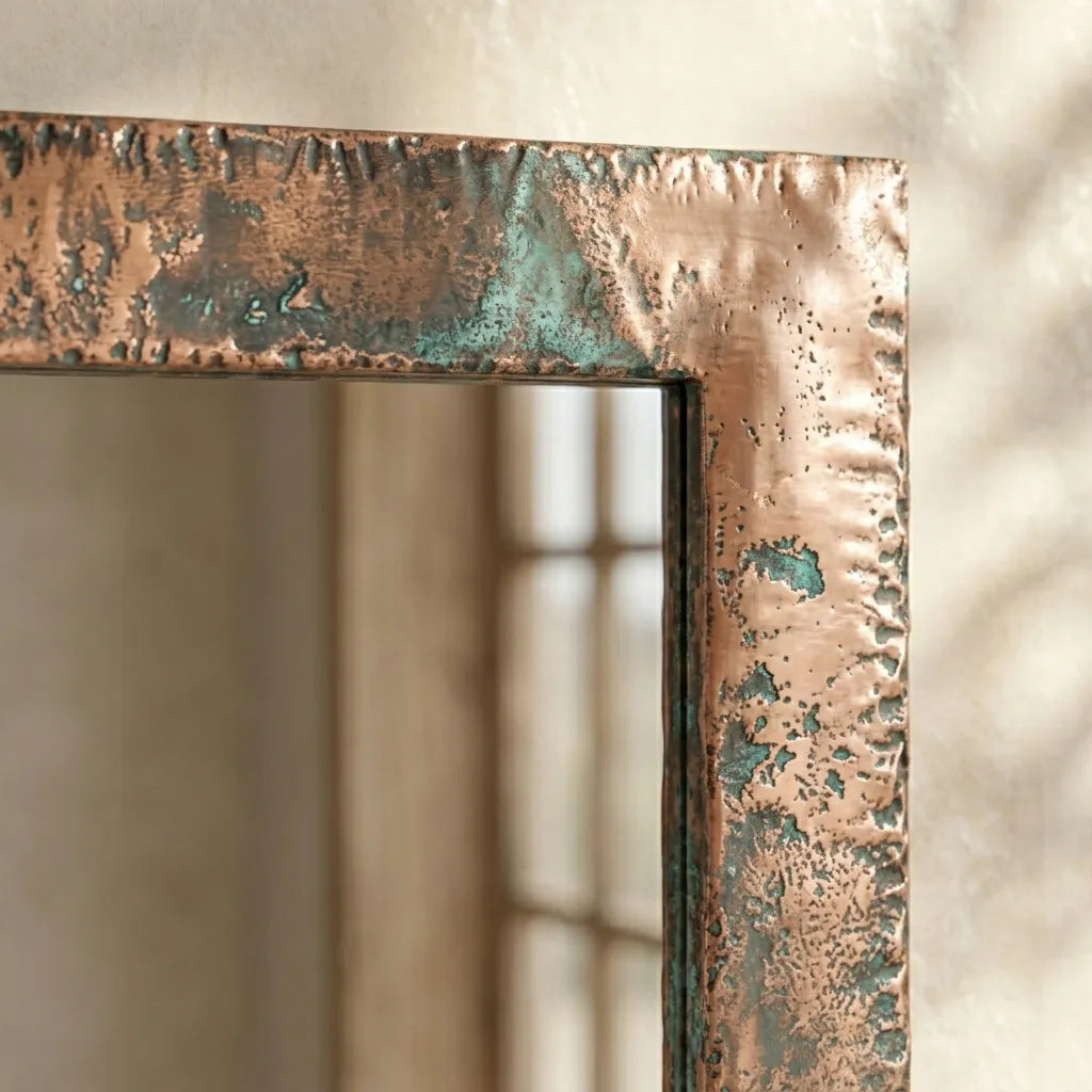 Vintage Copper Wall Mirror with Distressed Patina Frame for Farmhouse Bathroom Decor