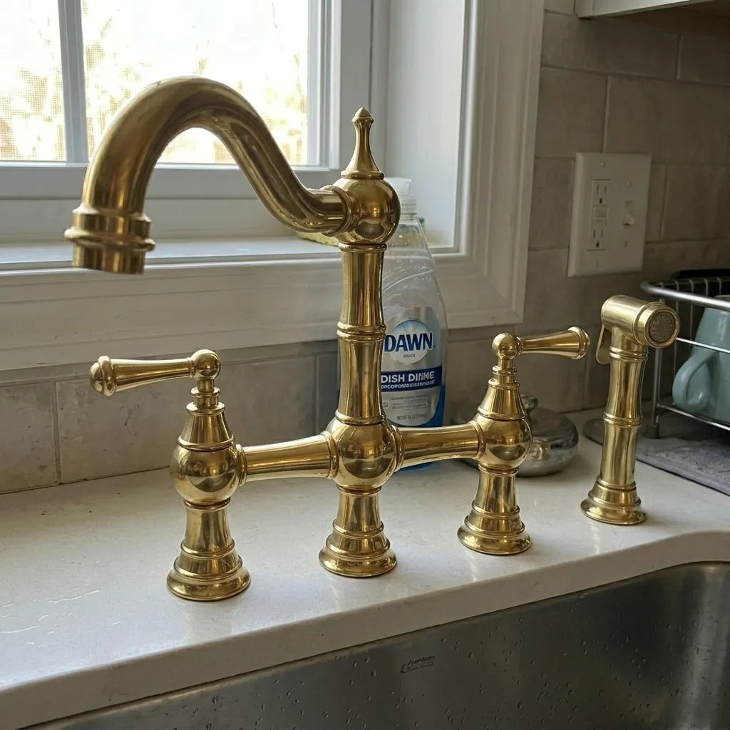 A polished brass three-hole bridge faucet set installed on a white kitchen sink countertop, with a window, tiled backsplash, and a bottle of Dawn dish cleaner in the background.
