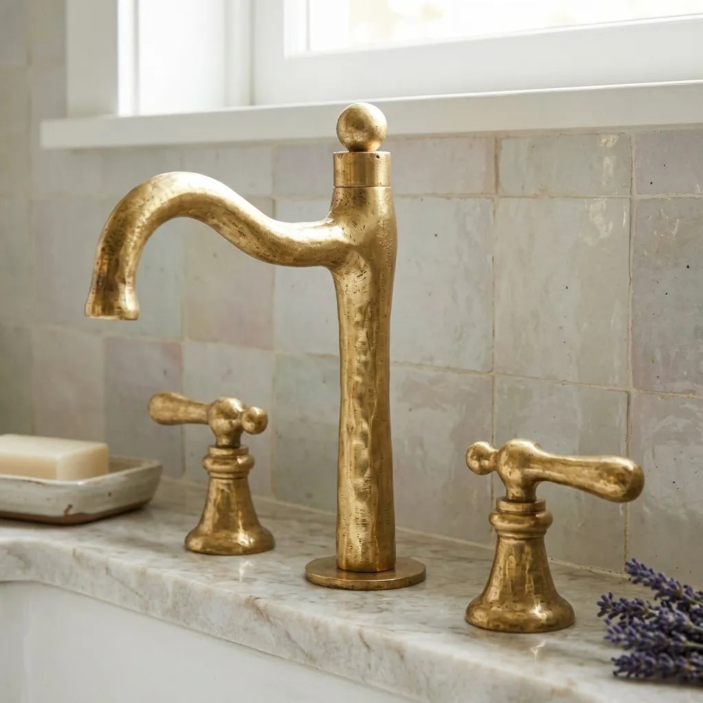 Hand forged brass widespread bathroom faucet with textured finish and curved gooseneck spout on a marble vanity