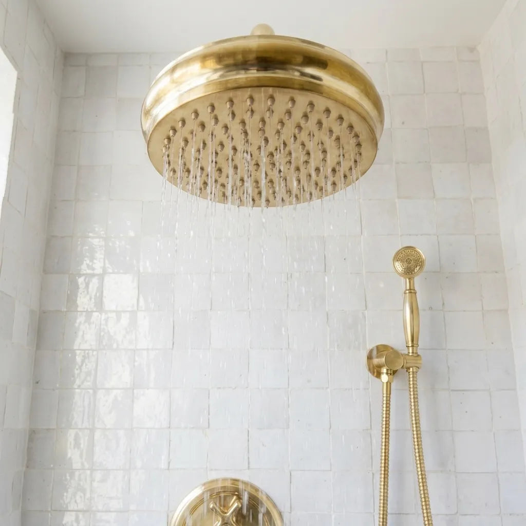 A round gold rain shower head with water running from it, mounted on a white tiled wall in a bathroom. A matching gold handheld shower attachment is visible on the right.