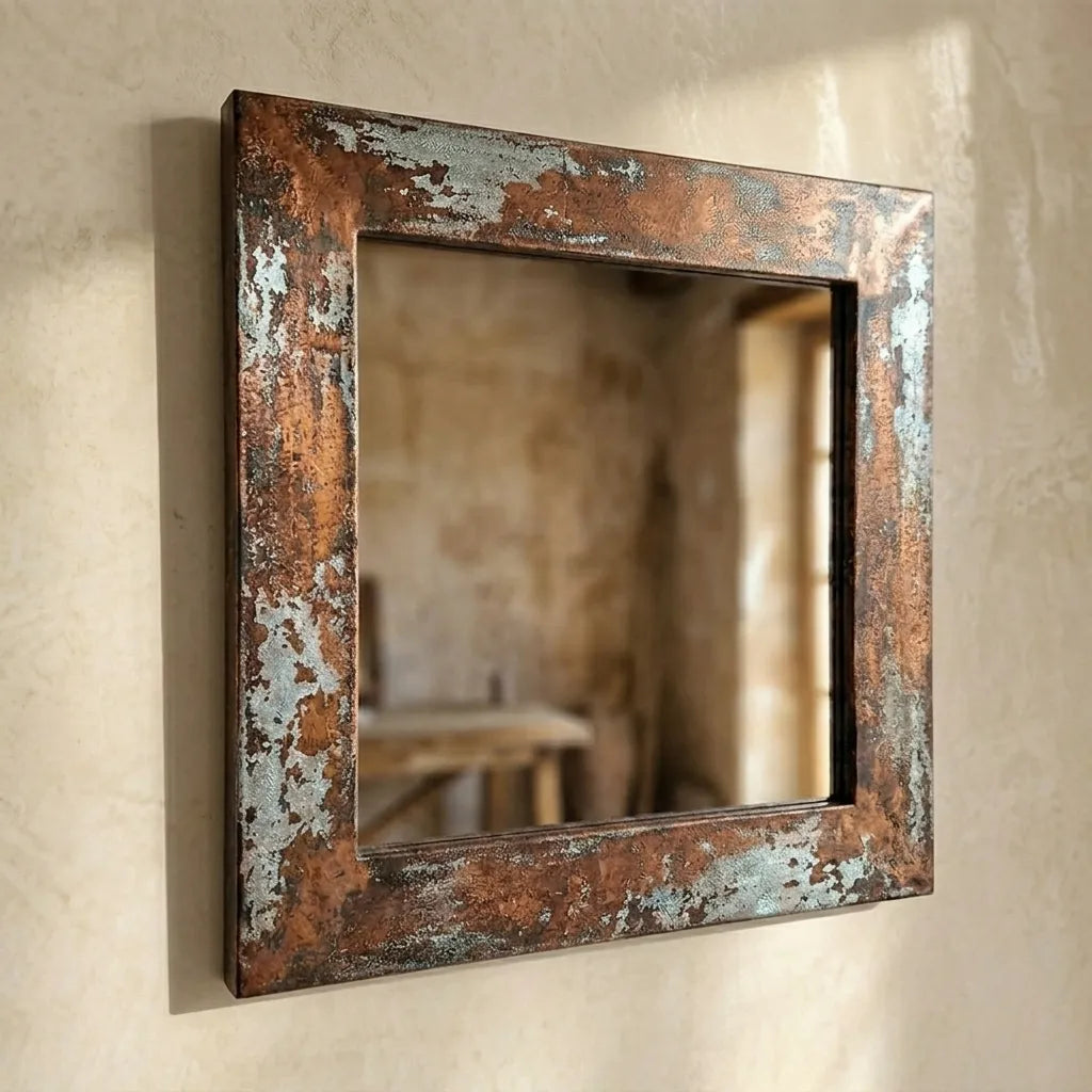Vintage Copper Framed Mirror with Antiqued Rustic Surface for Farmhouse and Industrial Interiors