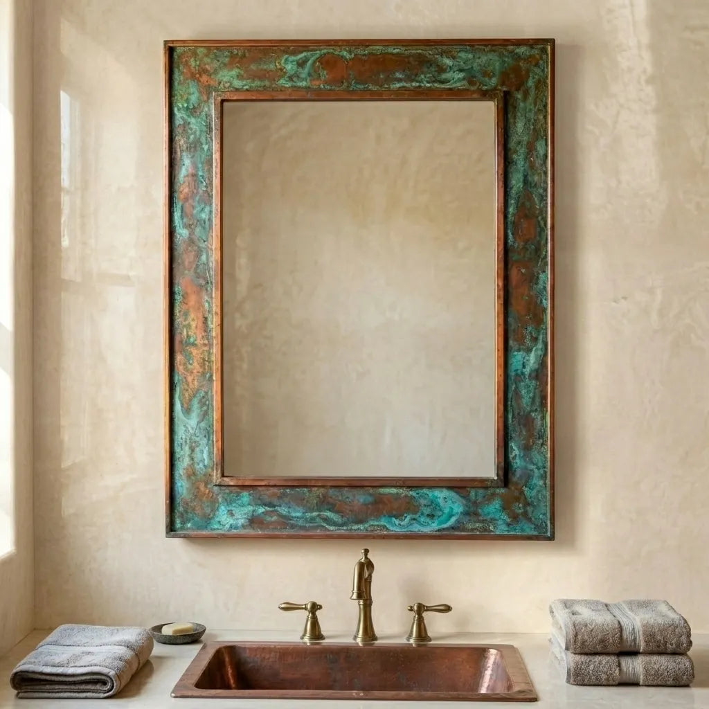 Artisan Copper Framed Mirror with Natural Verdigris Patina Over Rustic Vanity Sink