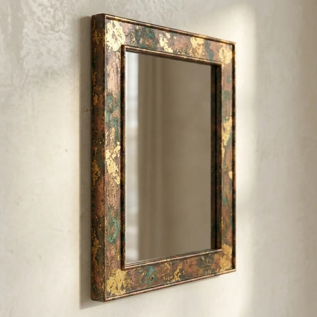 Vintage Copper Mirror with Distressed Patina Frame for Farmhouse Decor
