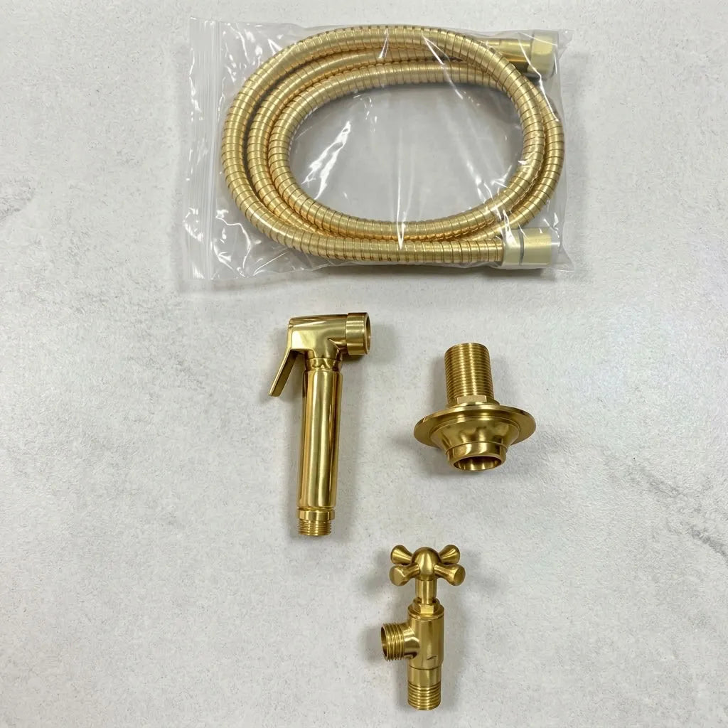 Unlacquered brass sink sprayer kit with flexible hose, cross-handle valve and mounting hardware