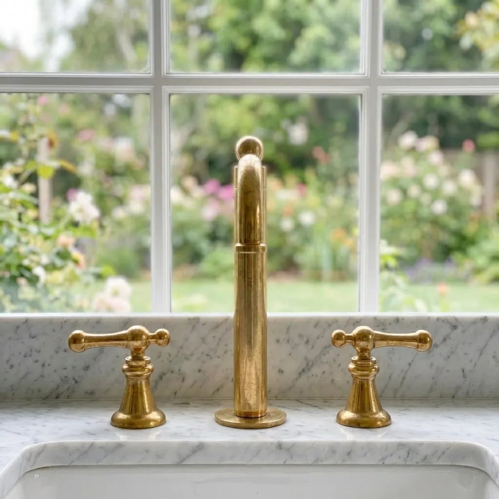 Solid brass sink faucet with warm golden finish and widespread installation in a bright window side bathroom