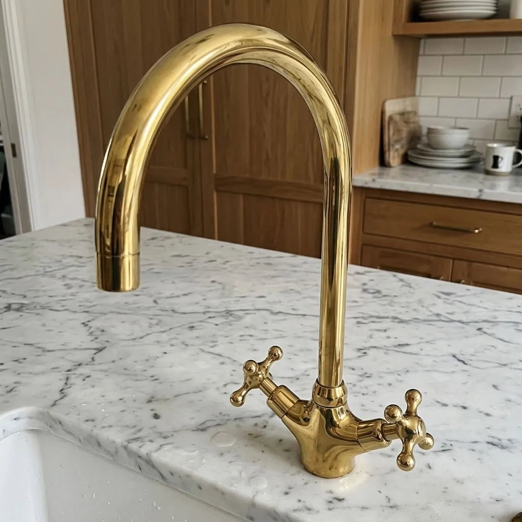 A polished brass kitchen faucet with a high-arc spout and cross-handle valves, installed on a white marble countertop in a kitchen setting.