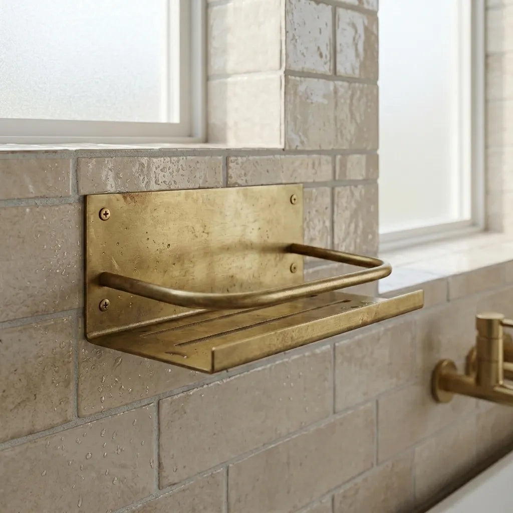 Vintage Brass Bathroom Shelf with Protective Bar for Soap and Toiletries