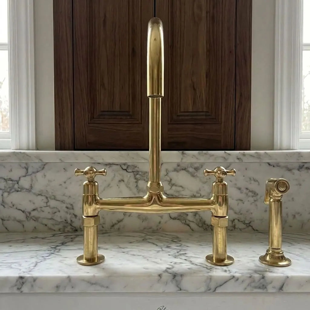Two-Hole Brass Bridge Kitchen Faucet with Cross Handles