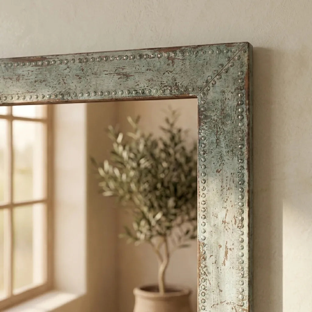 Handmade Distressed Silver Mirror with Studded Metal Frame for Farmhouse Interiors