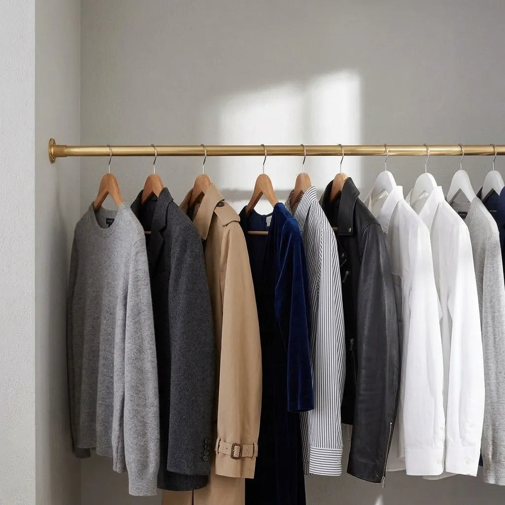 Luxury brass wardrobe hanging rod designed for recessed closet installations.