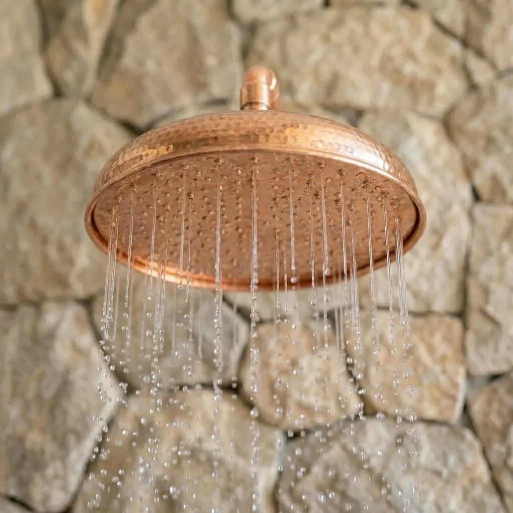 Handmade Copper Rainfall Shower Head Featuring Rustic Hammered Finish for Outdoor Shower
