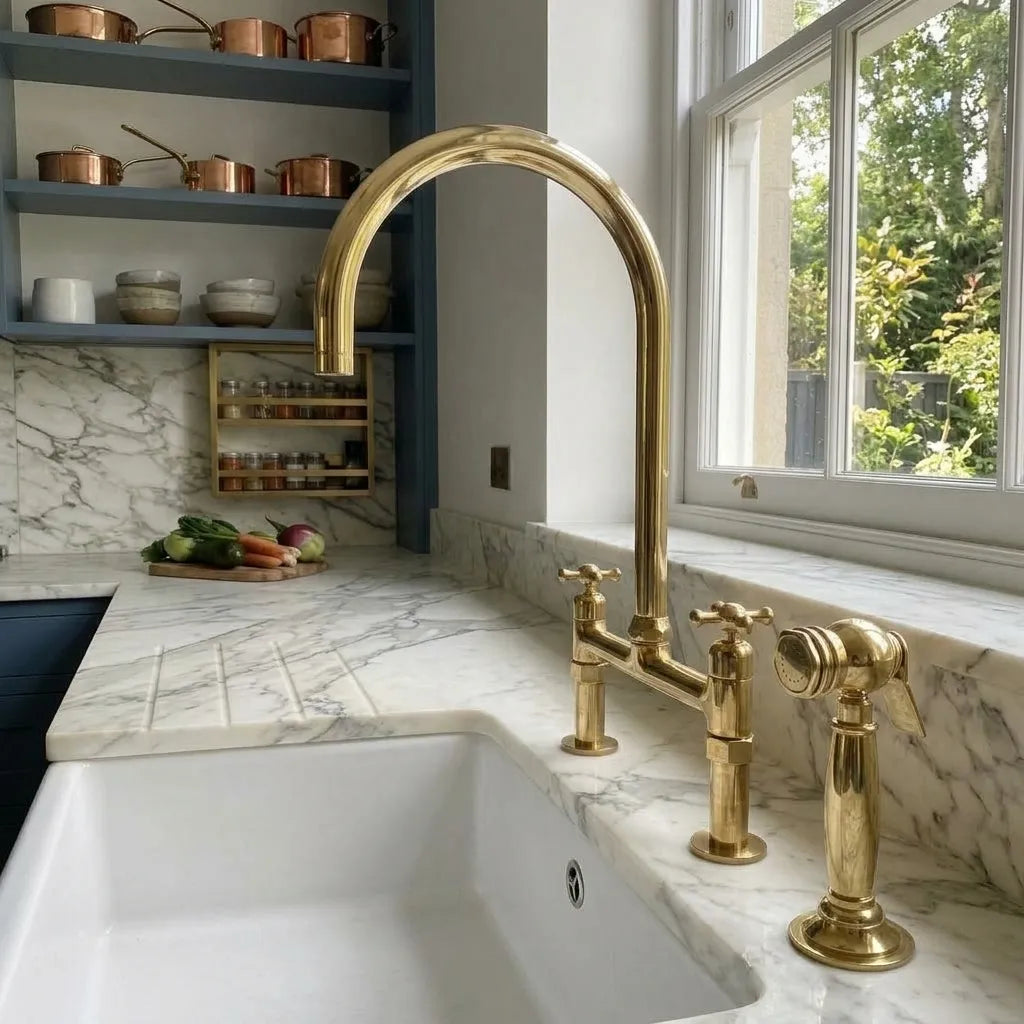 Brass Swan Neck Kitchen Faucet with Twin Cross Handles