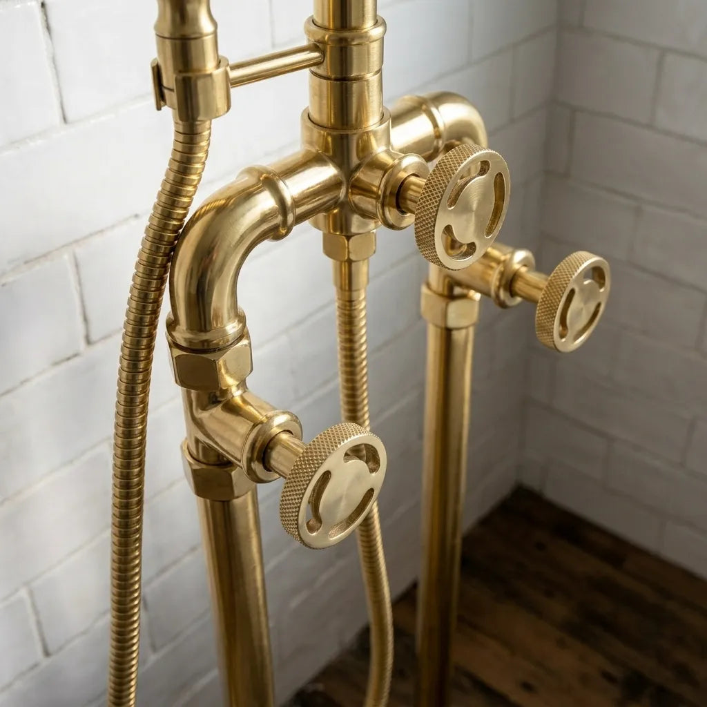 A brass industrial-style shower faucet set with three control knobs, a flexible hose, and polished metal pipes, shown against a white subway tile wall and dark wood floor.