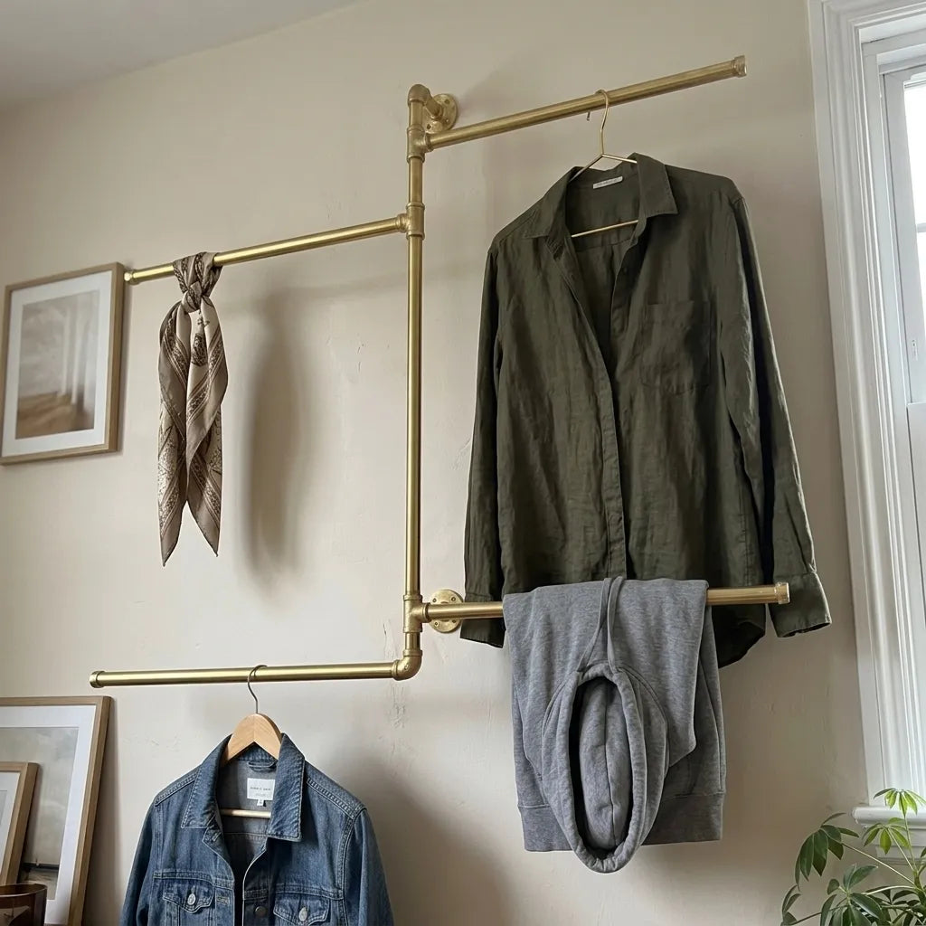 Luxury brass organizer with hanging rails for apparel