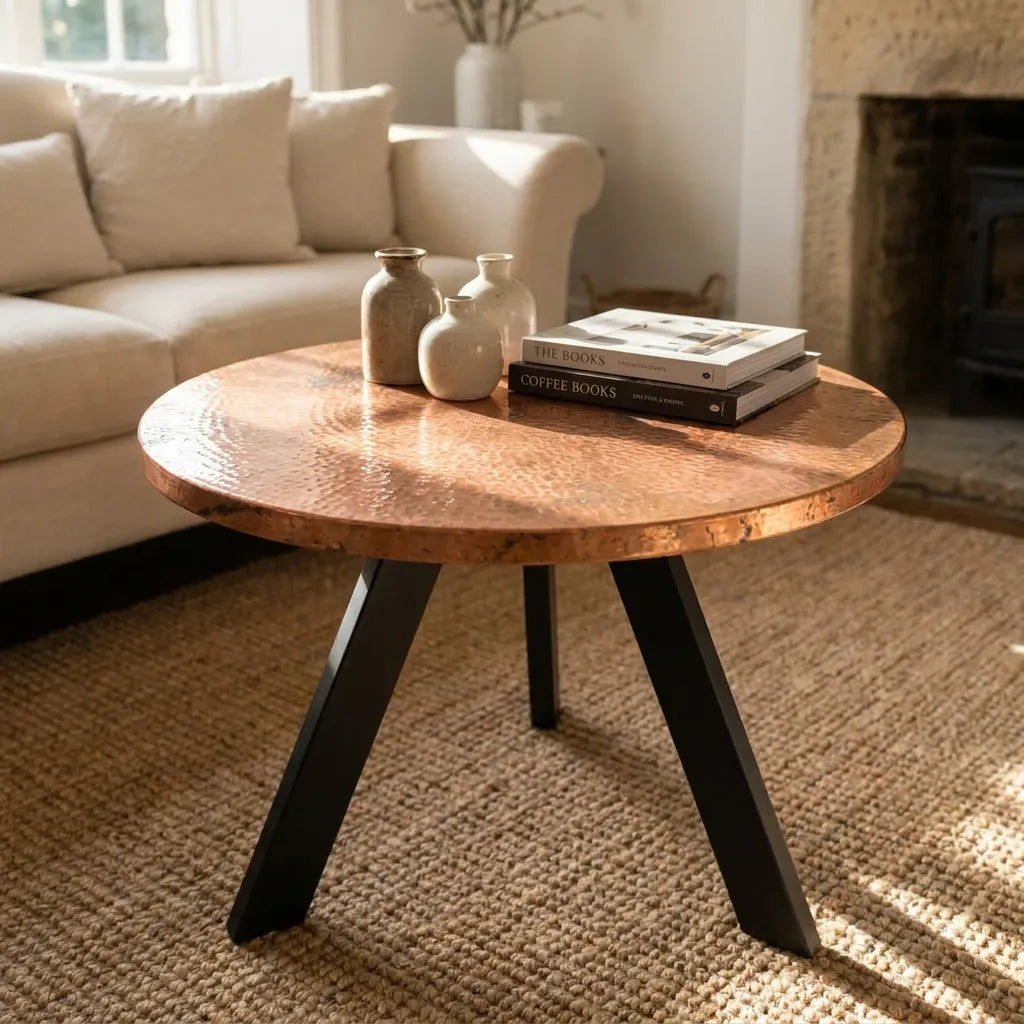 Round Hammered Copper Coffee Table with Black Metal Legs in Rustic Living Room