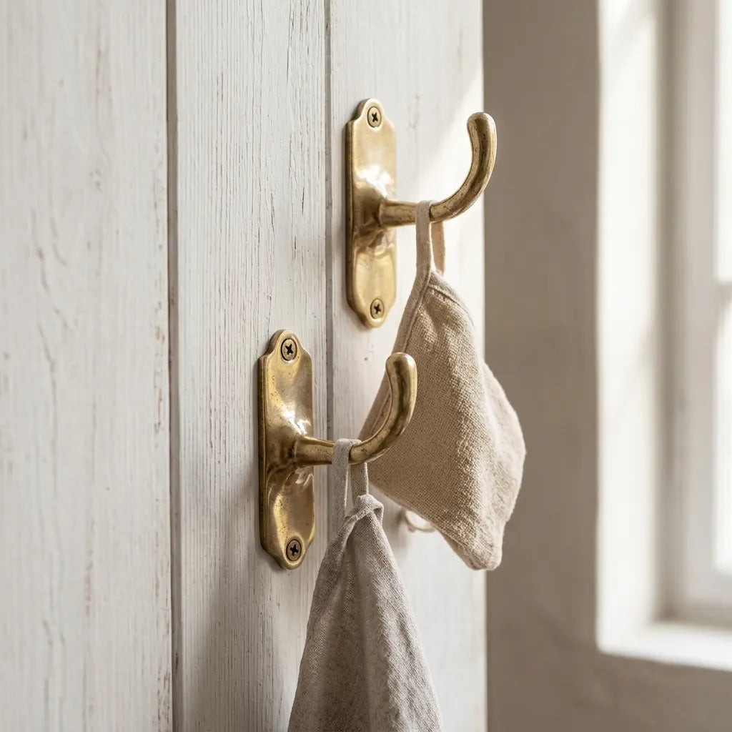Solid brass curved utility hook with vintage backplate installed on a painted interior wall.
