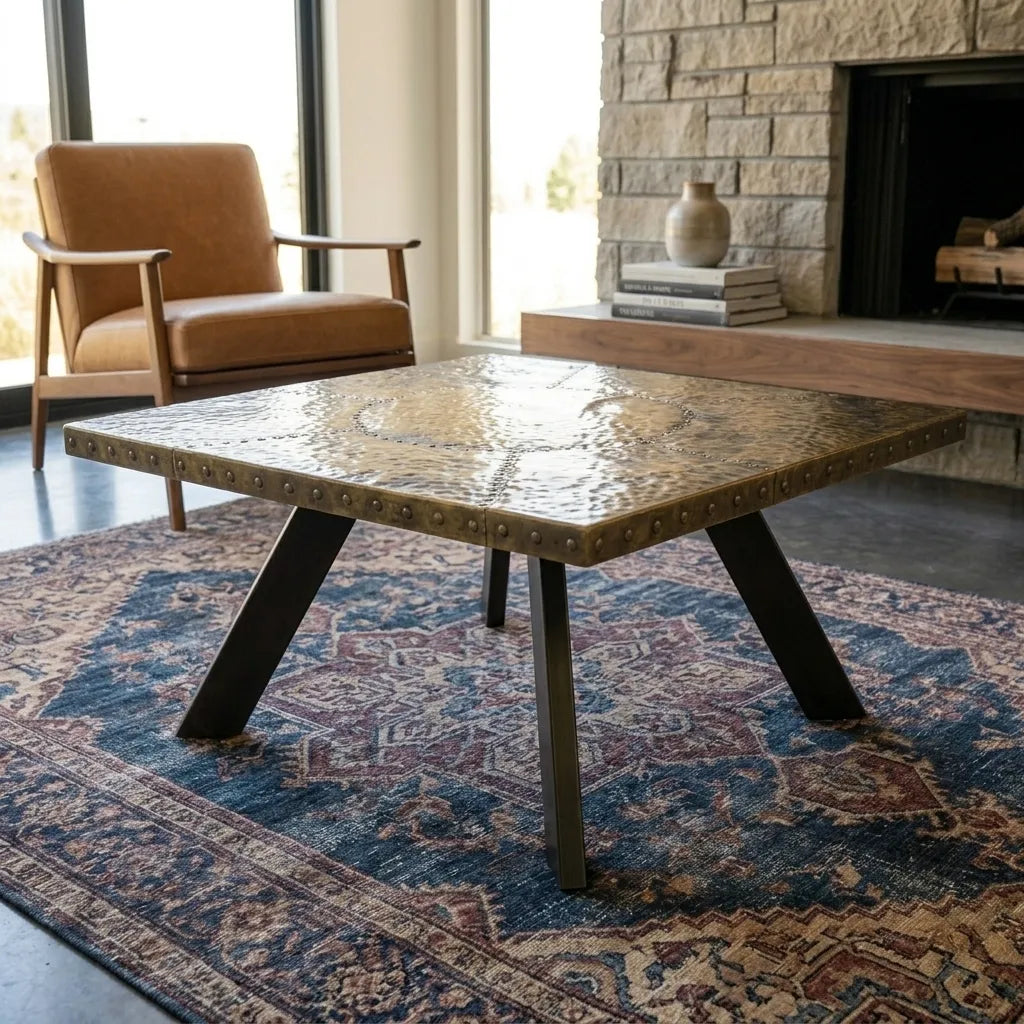 Square coffee table with antique brass hammered finish and riveted edges