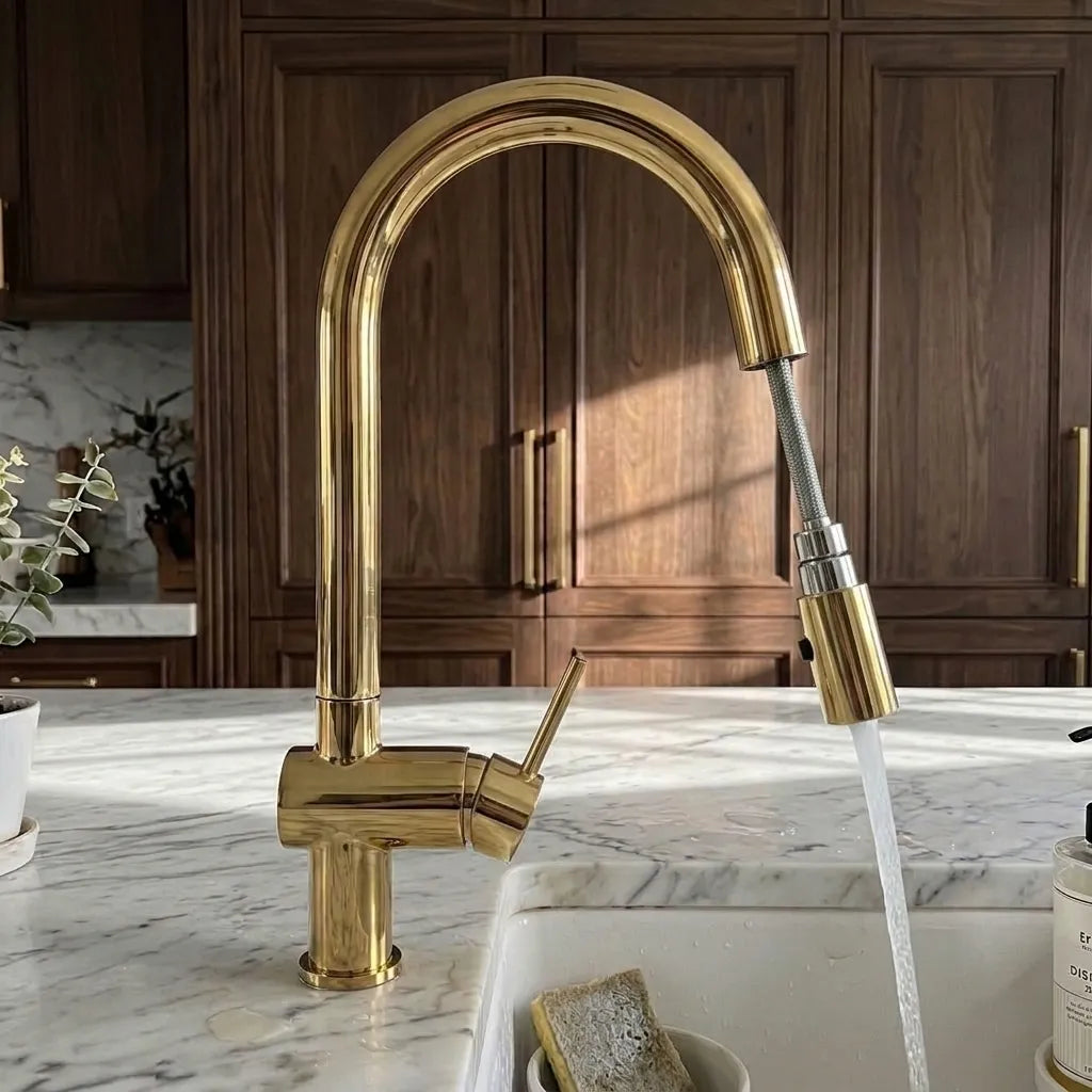 A polished gold high-arc kitchen faucet with a pull-out spray head running over a white marble sink, set against dark wood kitchen cabinets.