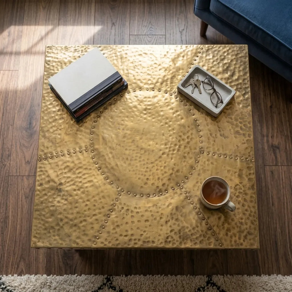 Handcrafted polished brass tabletop for luxury living room