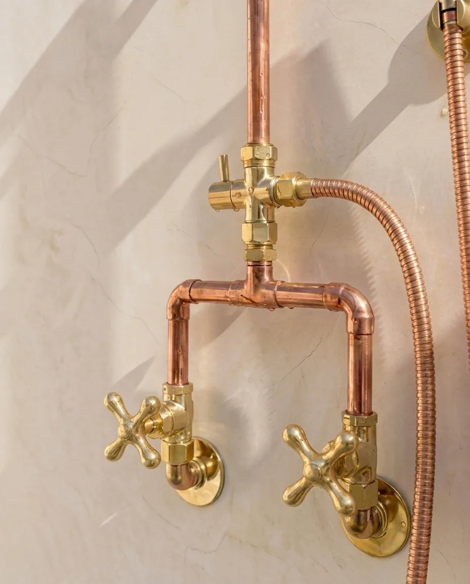 Exposed Copper Shower System with Rainfall Head & Hand Shower