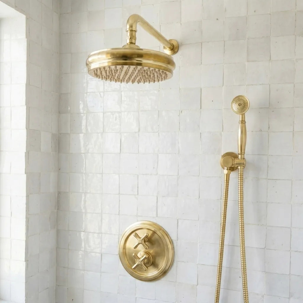 A polished brass shower fixture set installed in a white tiled shower corner, featuring a round rain shower head, handheld shower attachment with hose, and a circular control valve trim.