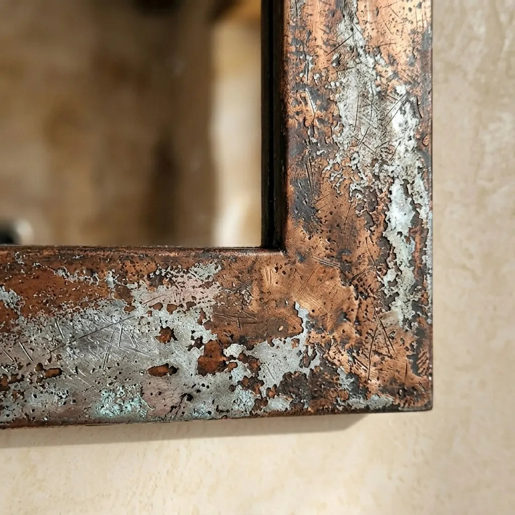 Aged Copper Mirror Featuring Weathered Industrial Frame for Rustic Home Decor
