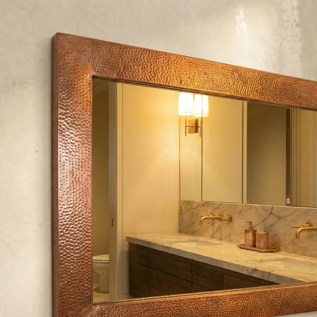 Handmade Copper Framed Mirror Featuring Textured Hammered Finish and Warm Metallic Tones