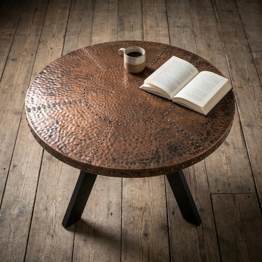 Rustic Round Copper Coffee Table with Artisan Hammered Finish and Patina Details