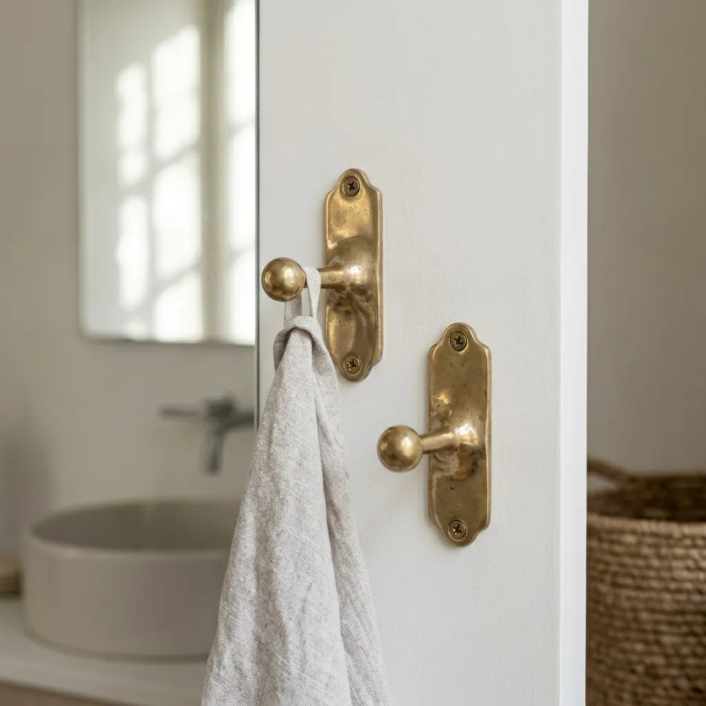 Solid brass peg wall hook featuring a rounded ball end and decorative mounting plate for home organization.