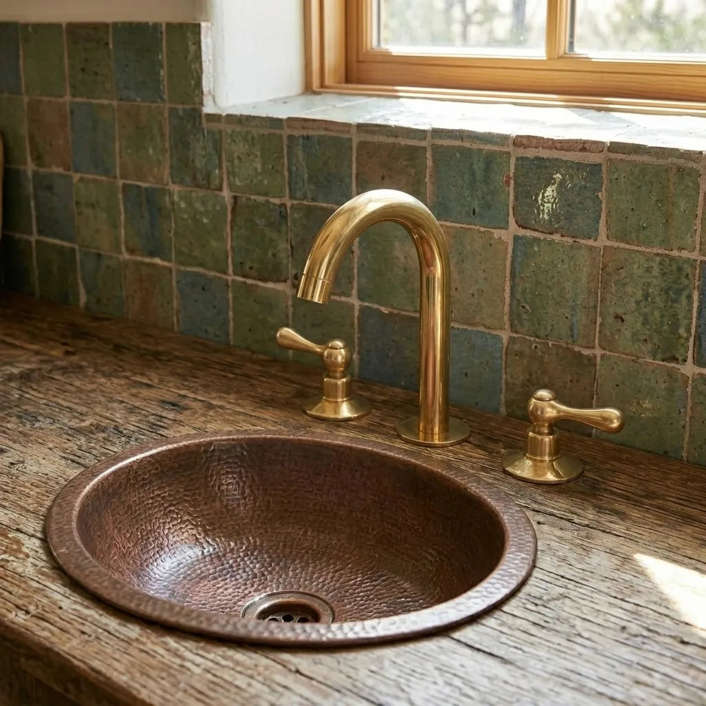 A hammered copper undermount sink with a polished brass gooseneck faucet and two lever handles, installed on a rustic wooden countertop with a green tiled backsplash.