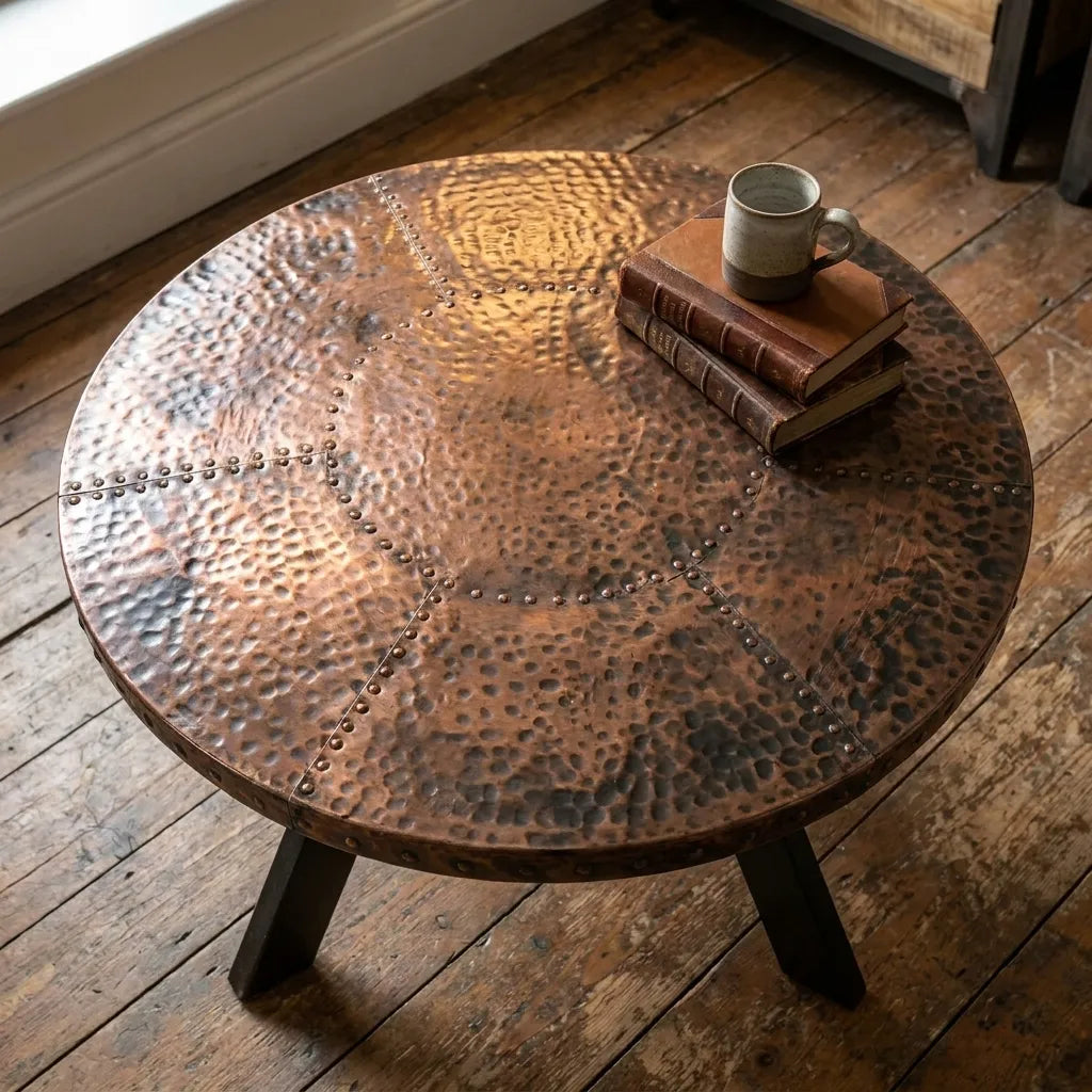 Moroccan Inspired Copper Side Table with Decorative Rivet Design and Black Legs