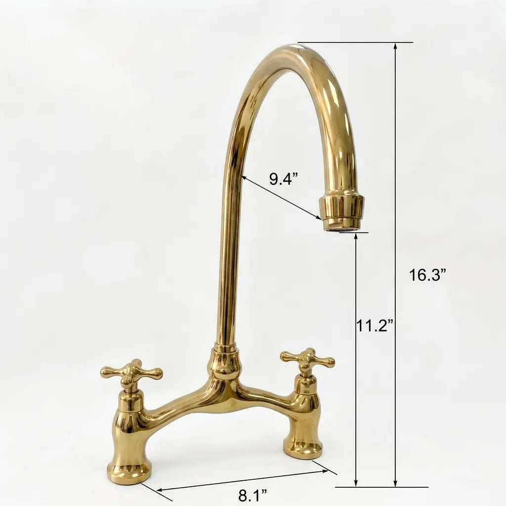 A polished brass bridge faucet with cross handles, shown with dimension lines and measurements indicating a 9.4-inch spout, 16.