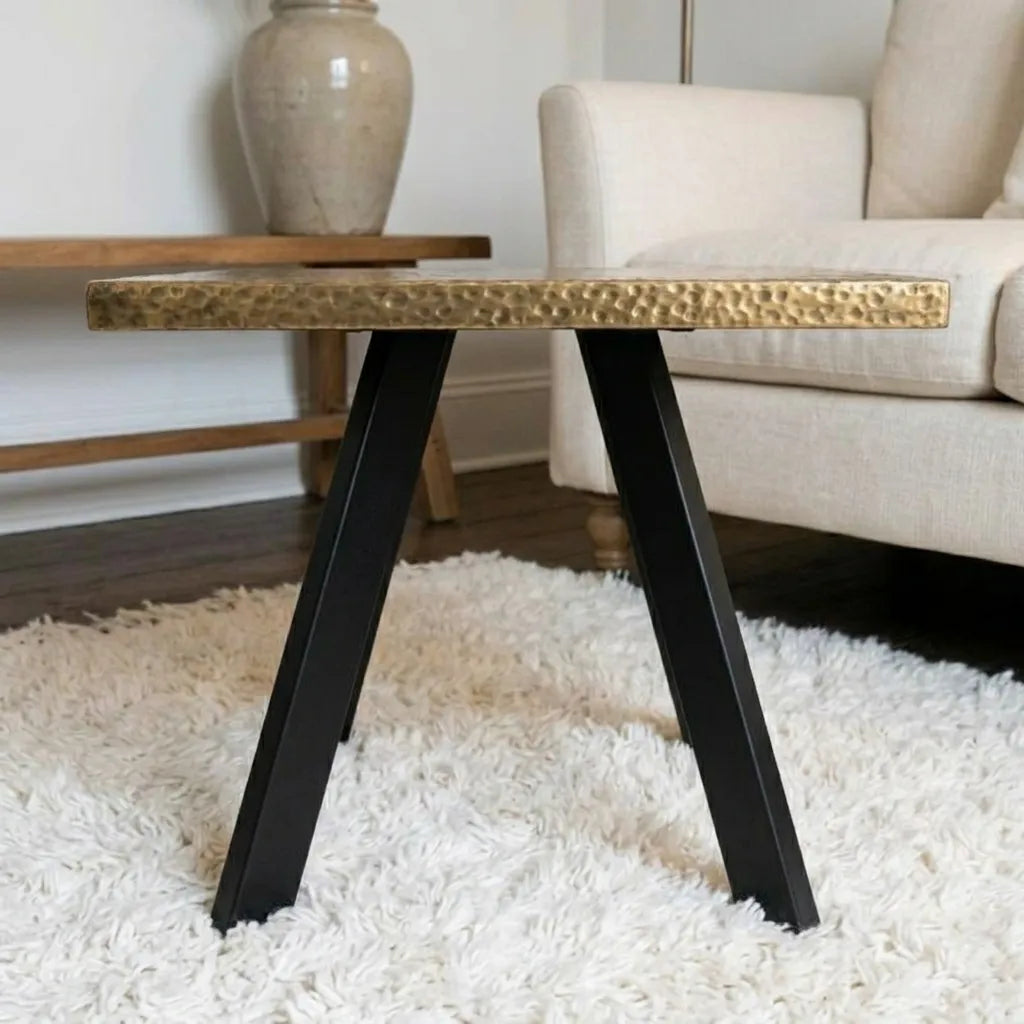 Contemporary square brass accent table with black steel legs