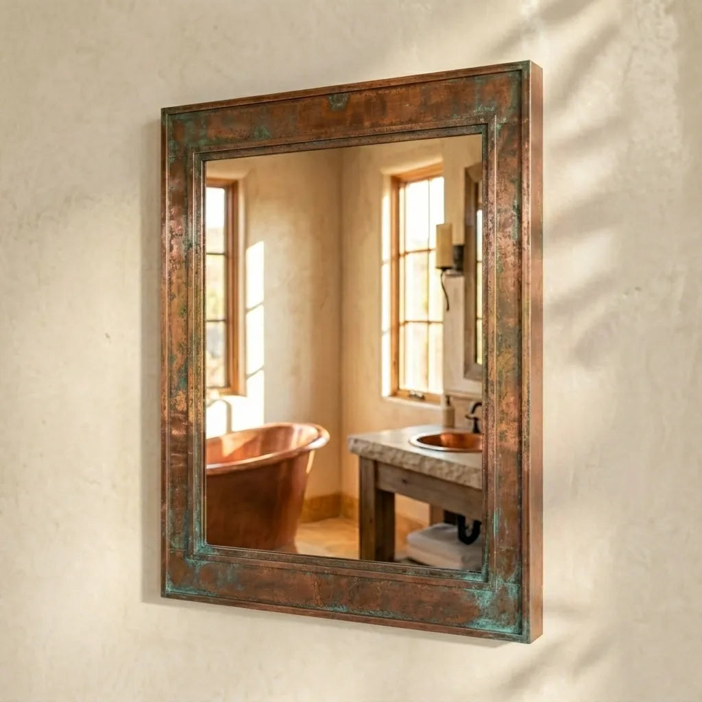 Handmade Oxidized Copper Mirror Featuring Green Verdigris Accents and Artisan Metalwork