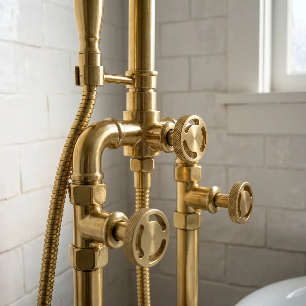 A close-up of an antique brass vintage-style bathtub faucet set with a handheld shower attachment, set against a white subway tile wall.